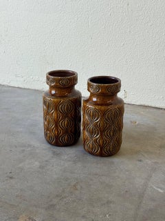 Vintage Scheurich West German Vases MCM Fat Lava Ceramic Pair, Brown Drip Glaze