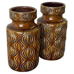 Vintage Scheurich West German Vases MCM Fat Lava Ceramic Pair, Brown Drip Glaze