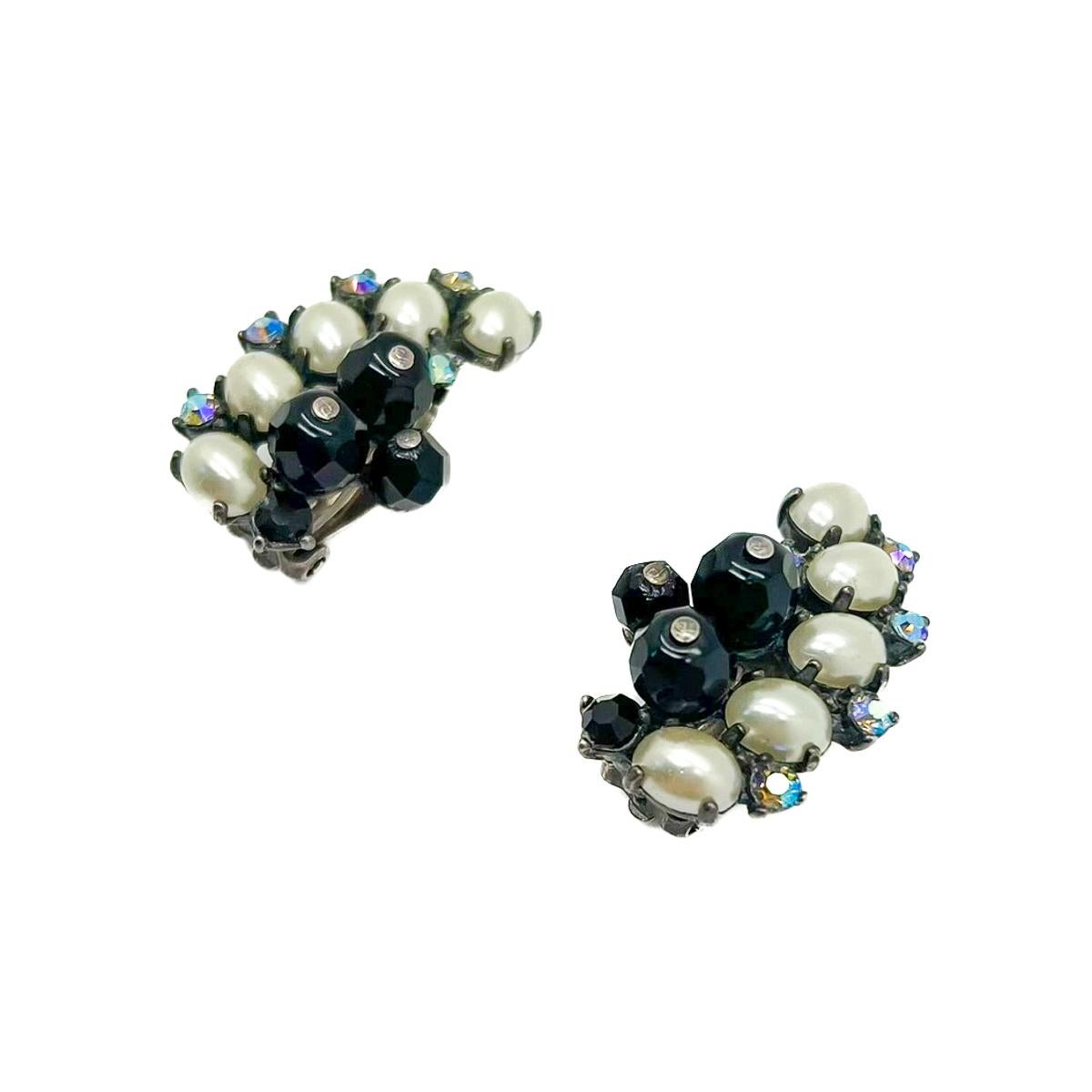 Vintage Schiaparelli Crystal & Pearl Arc Climber Earrings 1950s In Good Condition For Sale In Wilmslow, GB