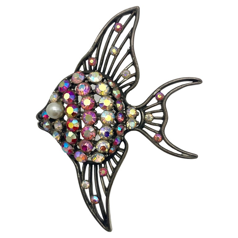 Vintage Schiaparelli Fish Signed Costume Jewellery Swarowsky Crystals Metal  For Sale at 1stDibs