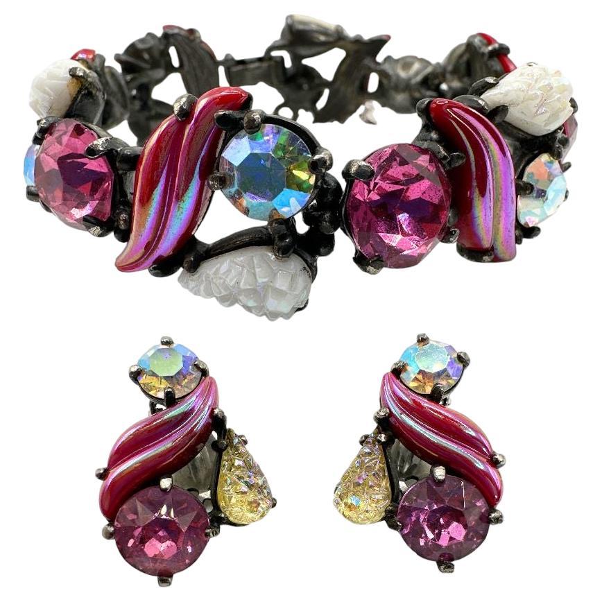 Vintage Schiaparelli Multi Color Glass and Rhinestone Bracelet & Earrings Set For Sale