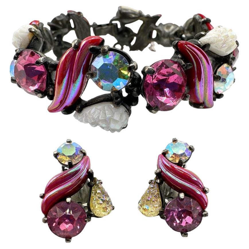 Conjunto vintage de pulsera y pendientes Schiaparelli de cristal multicolor y brillantes