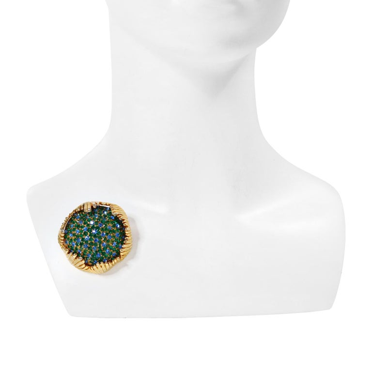 Artist Vintage Schiaparelli Gold Brooch with Blue and Green Crystals, Circa 1960s For Sale