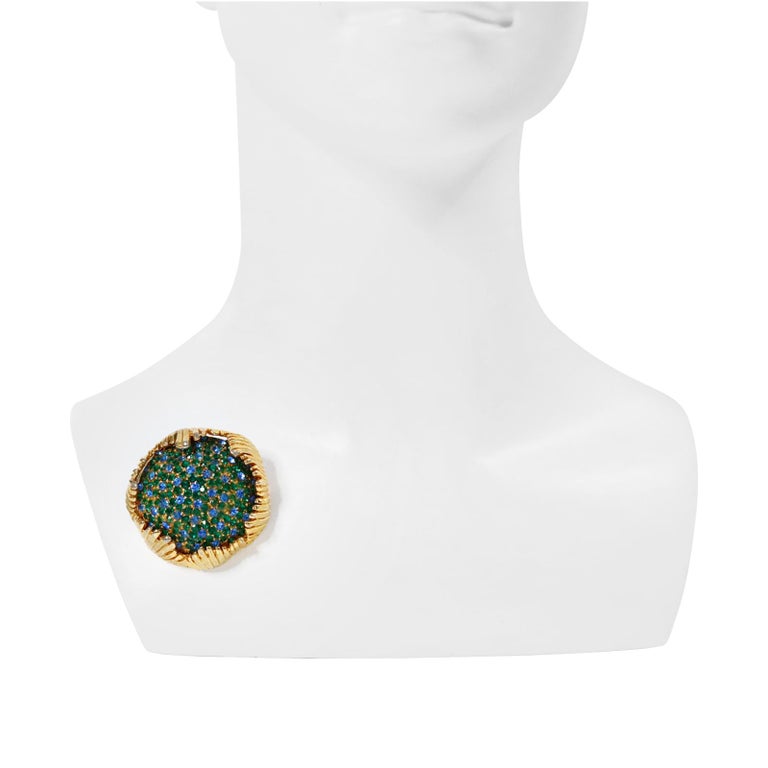 Vintage Schiaparelli Gold Brooch with Blue and Green Crystals, Circa 1960s In Excellent Condition For Sale In New York, NY