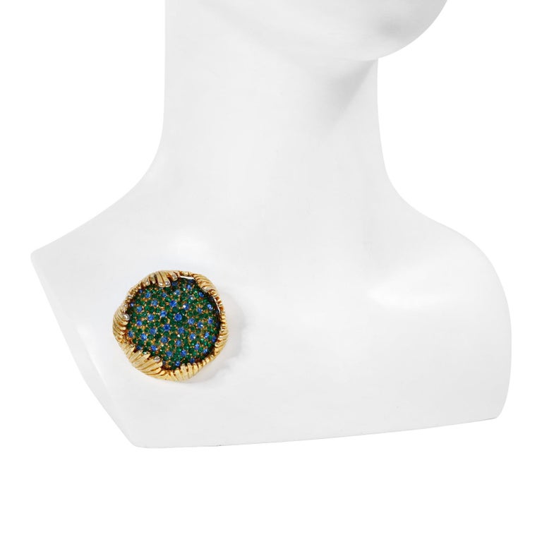 Women's or Men's Vintage Schiaperelli Gold Brooch with Blue and Green Crystals, Circa 1960s For Sale