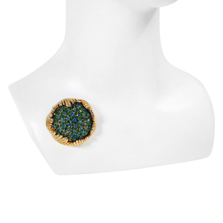 Vintage Schiaparelli Gold Brooch with Blue and Green Crystals, Circa 1960s For Sale 1