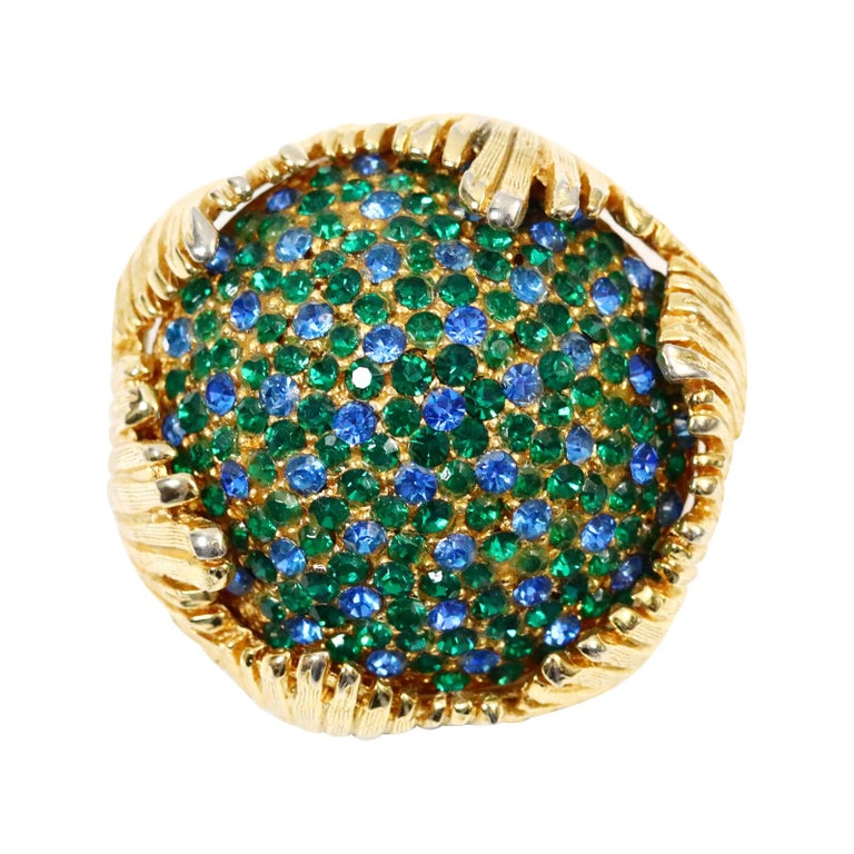 Vintage Schiaperelli Gold Brooch with Blue and Green Crystals, Circa 1960s For Sale 2