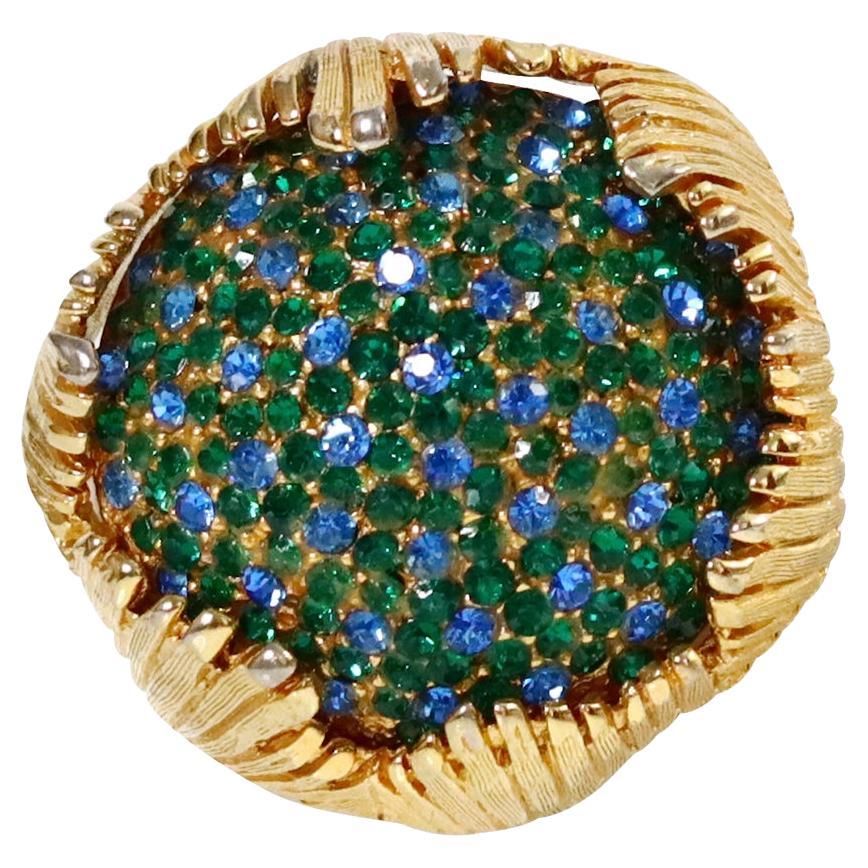 Vintage Schiaparelli Gold Brooch with Blue and Green Crystals, Circa 1960s