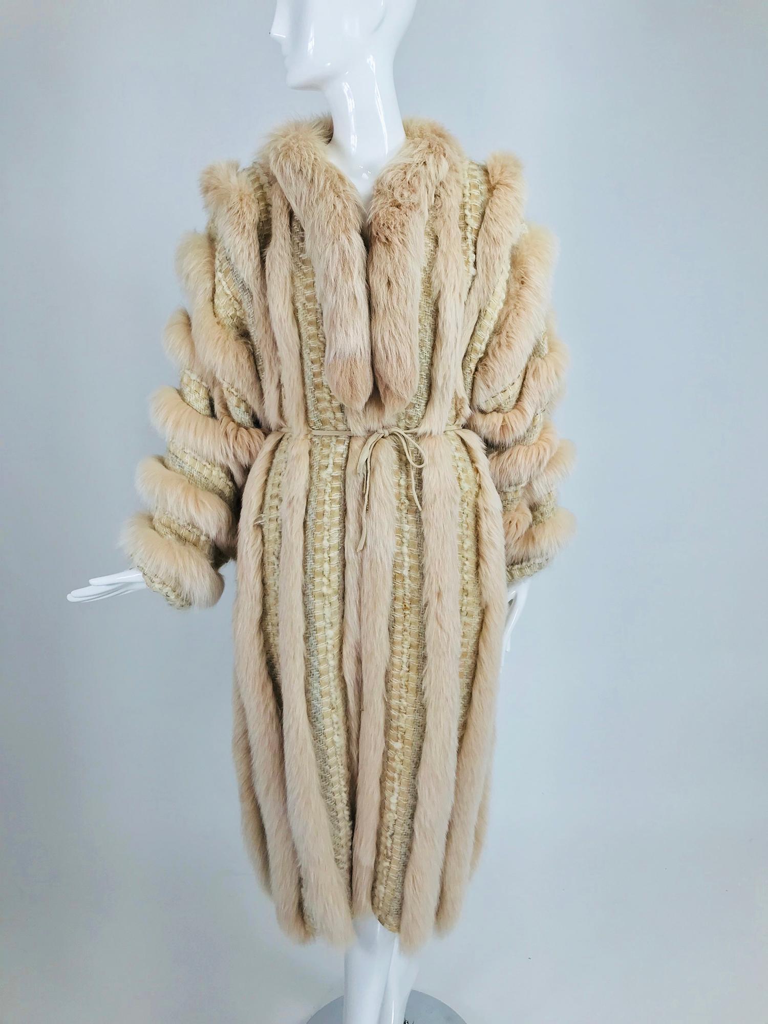 Vintage Schjelde Pale Pink Fox Fur and Woven Tweed Coat 1980s 5