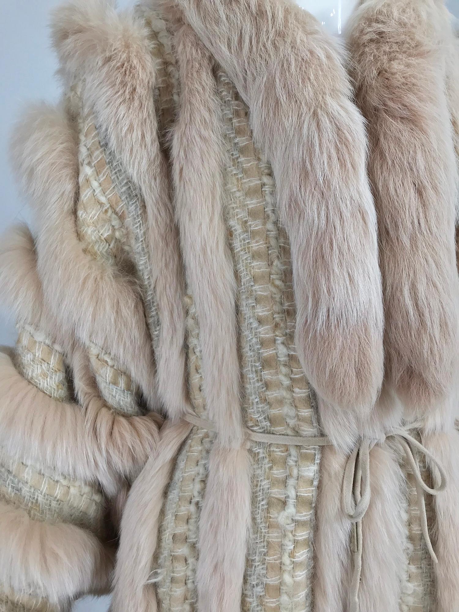 Vintage Schjelde Pale Pink Fox Fur and Woven Tweed Coat 1980s 7