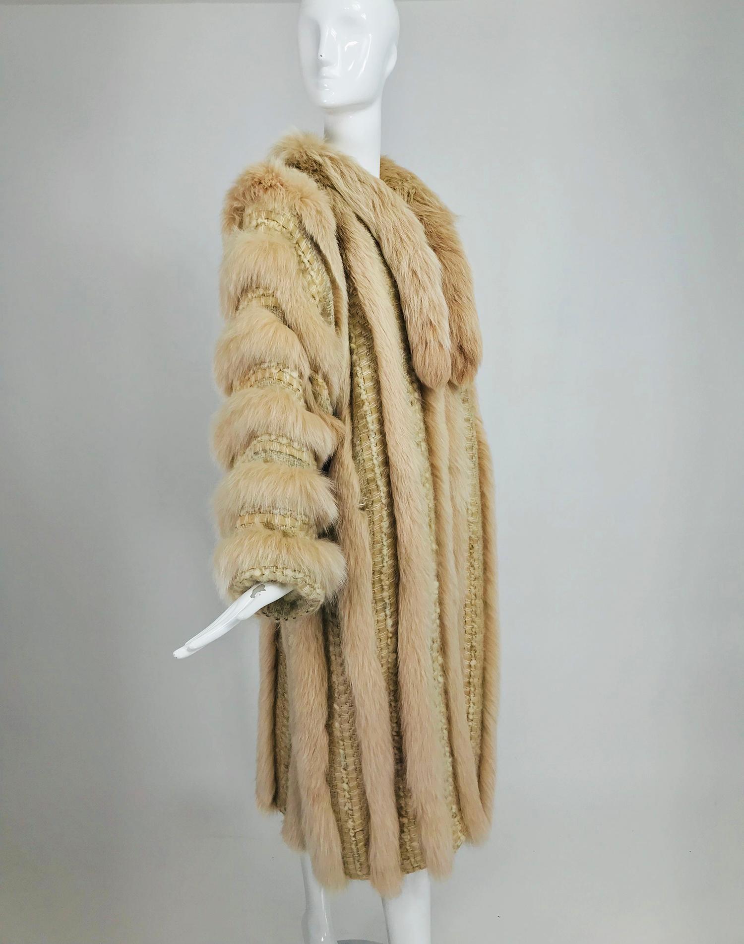 Vintage Schjelde Pale Pink Fox Fur and Woven Tweed Coat 1980s 4