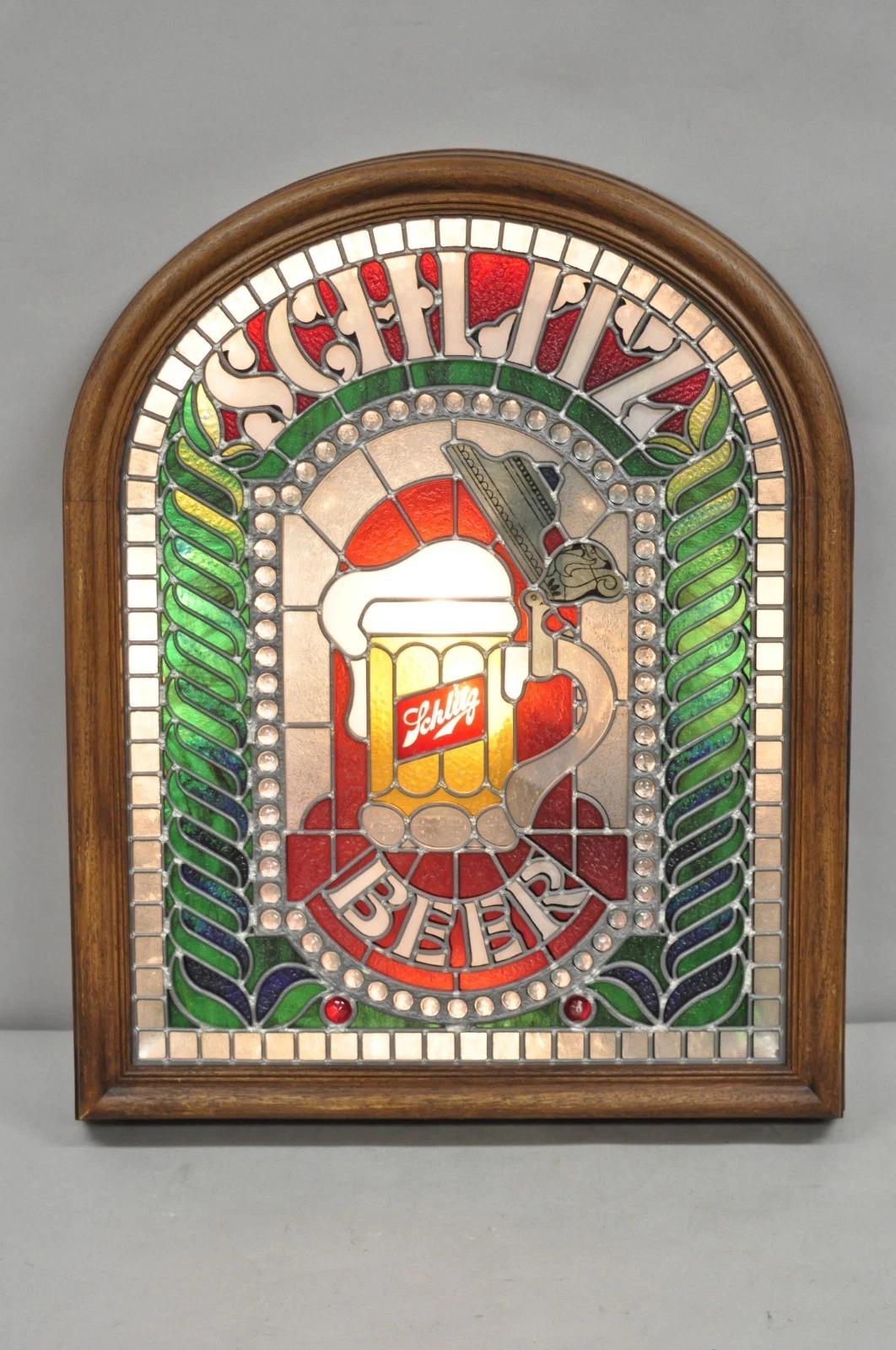Vintage Schlitz Bier Zeichen 1980 beleuchtet Faux Stained glass Look Werbung Zeichen im Angebot 5