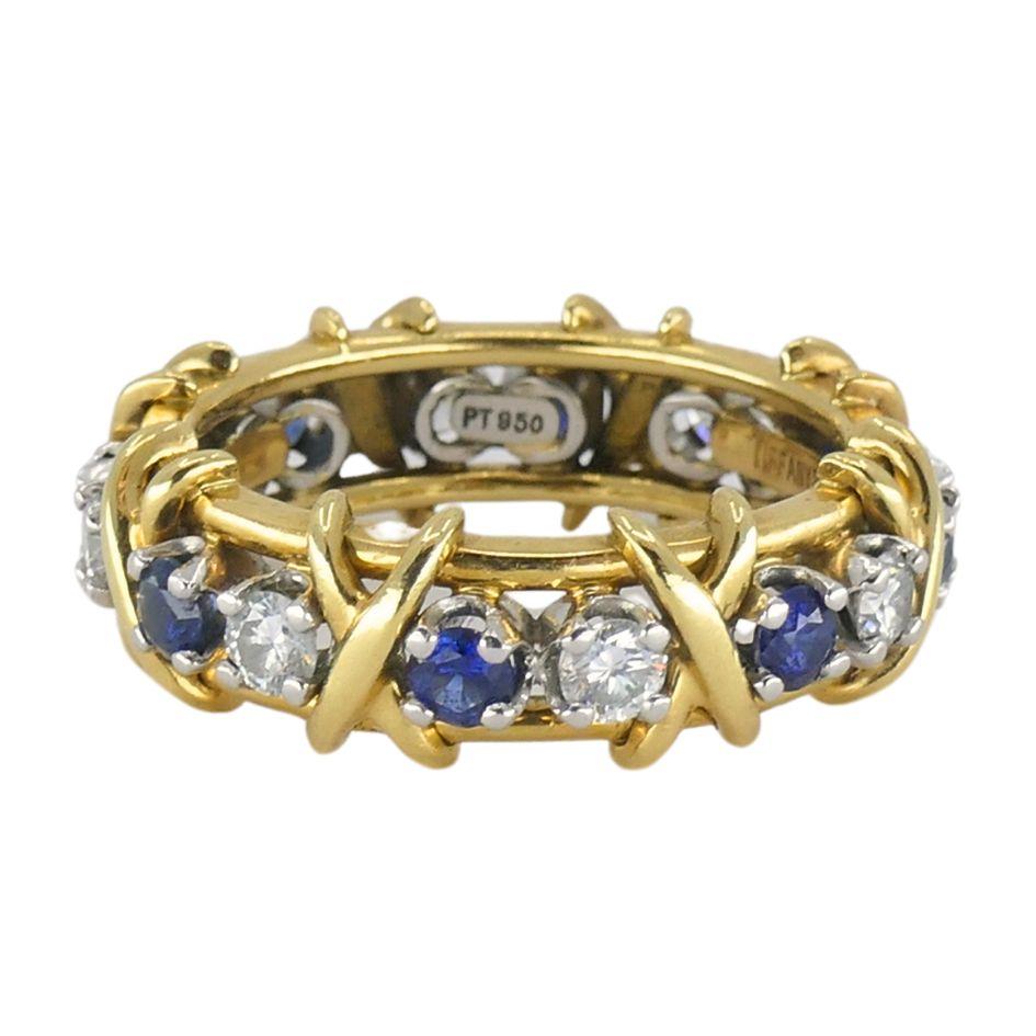 Women's Vintage Schlumberger Tiffany & Co. 18k Gold Platinum Diamond Sapphire Ring sz 7