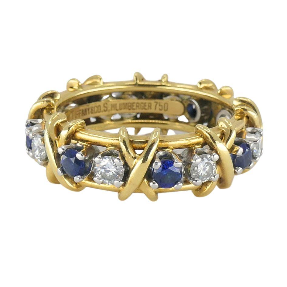 Vintage Schlumberger Tiffany & Co. 18k Gold Platinum Diamond Sapphire Ring sz 7 3