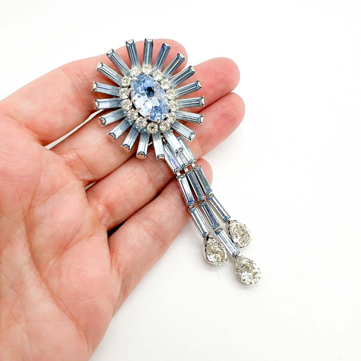 Women's or Men's Vintage Schöffel Powder Blue Crystal Droplet Brooch 1950s For Sale