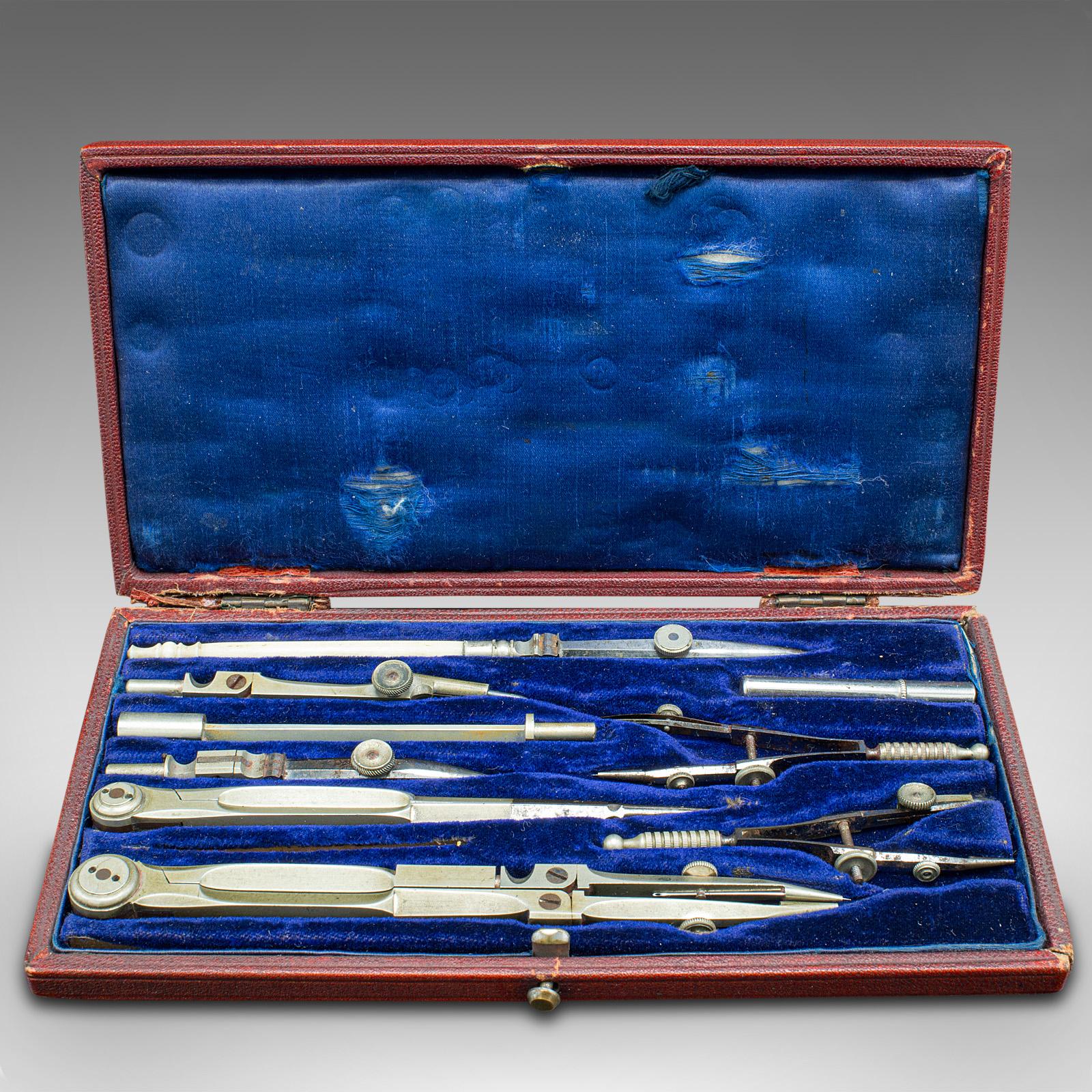 Mid-Century Modern Vintage Scholar's Instrument Set, English, Nickel Steel, Draughtsman's Tool Case For Sale