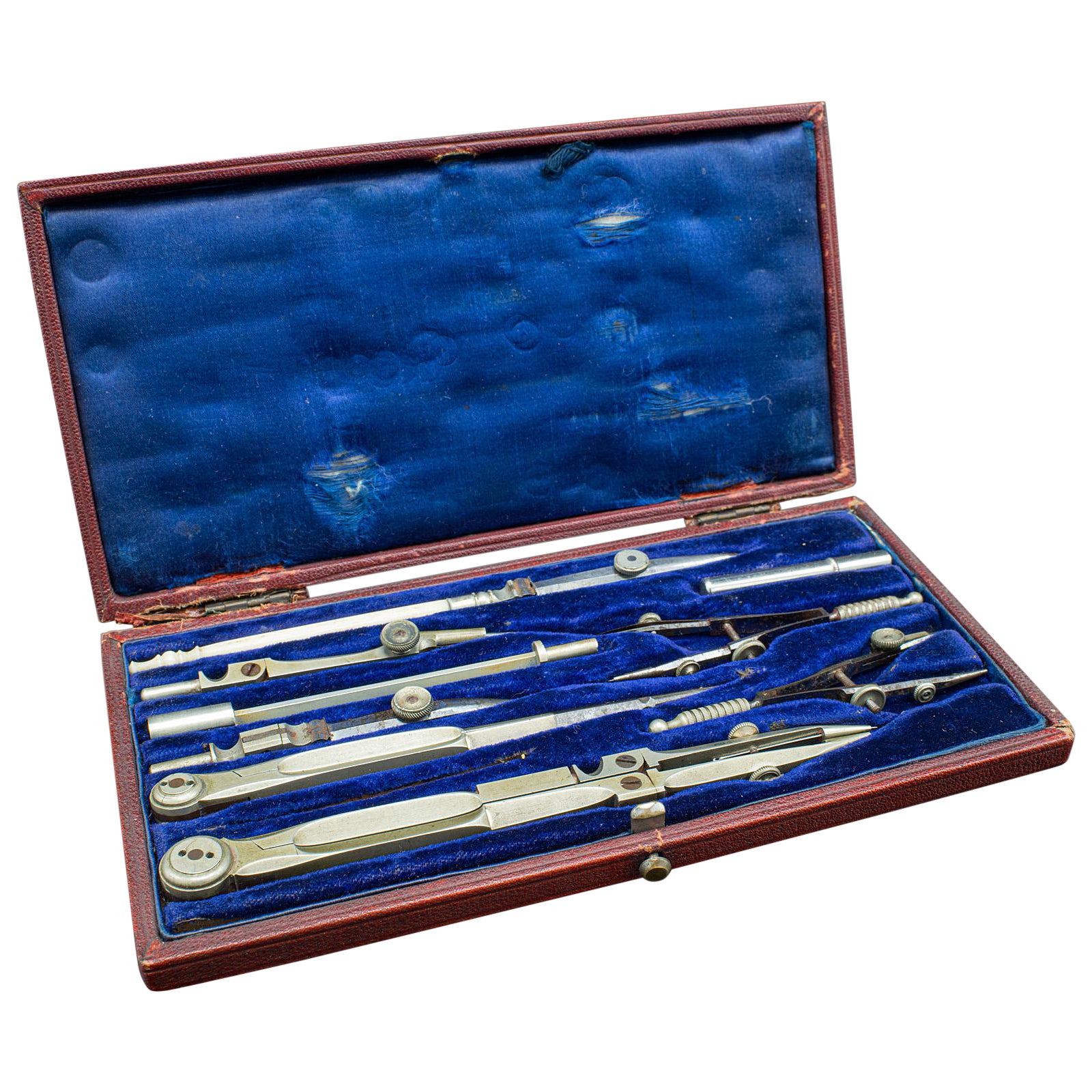 Set di strumenti per studiosi d'epoca, inglese, acciaio al nichel, valigetta per disegnatori