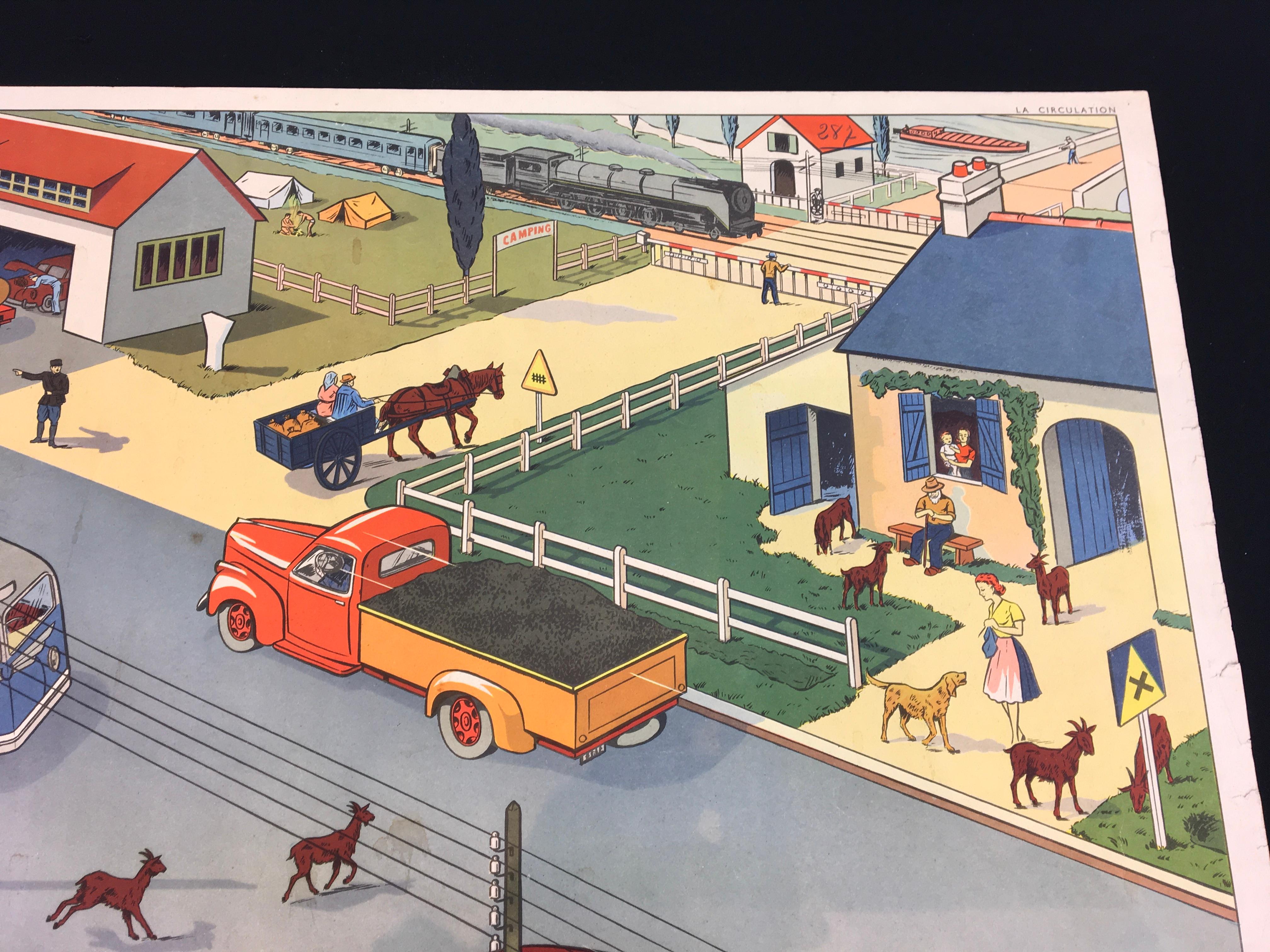 Vintage School Chart Traffic Scene by Rossignol, France  In Good Condition For Sale In Antwerp, BE