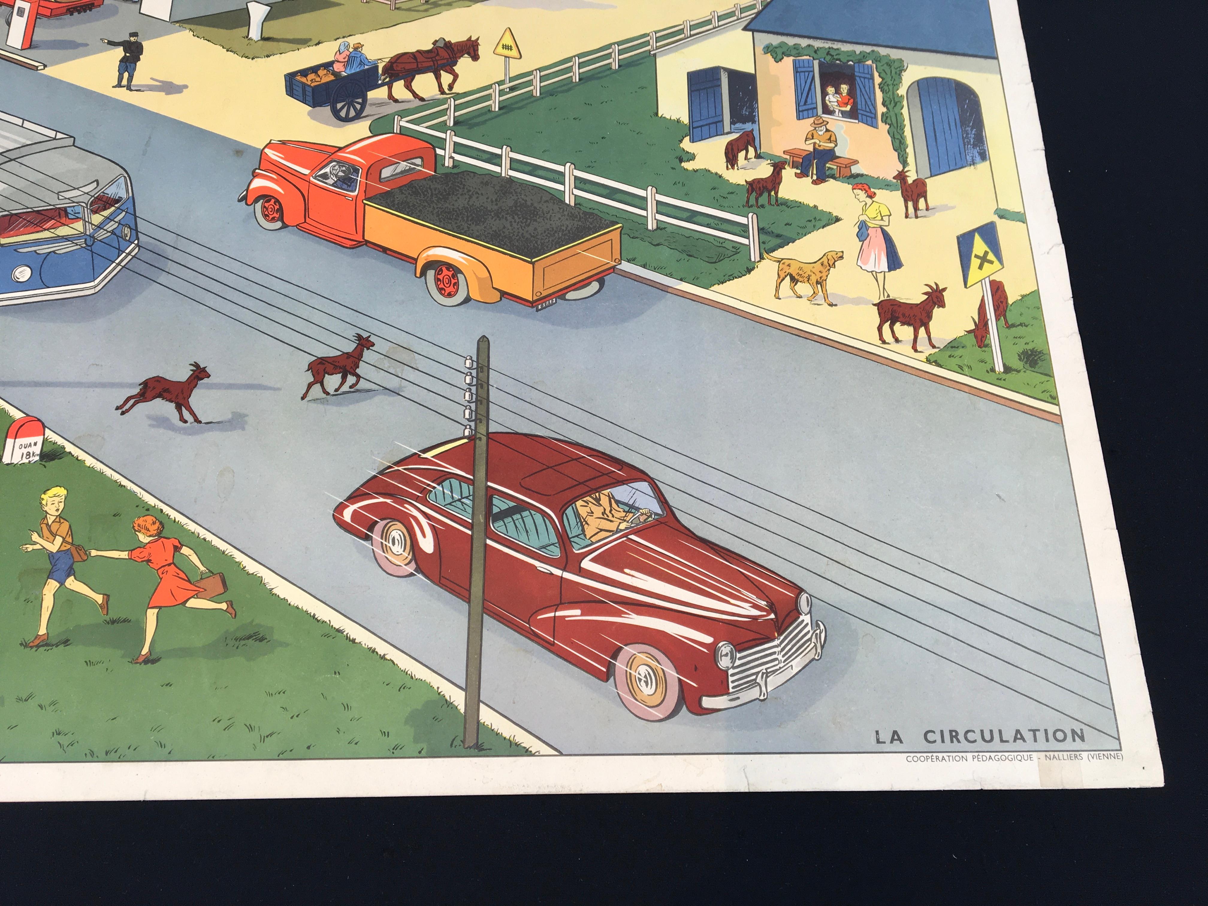20th Century Vintage School Chart Traffic Scene by Rossignol, France  For Sale
