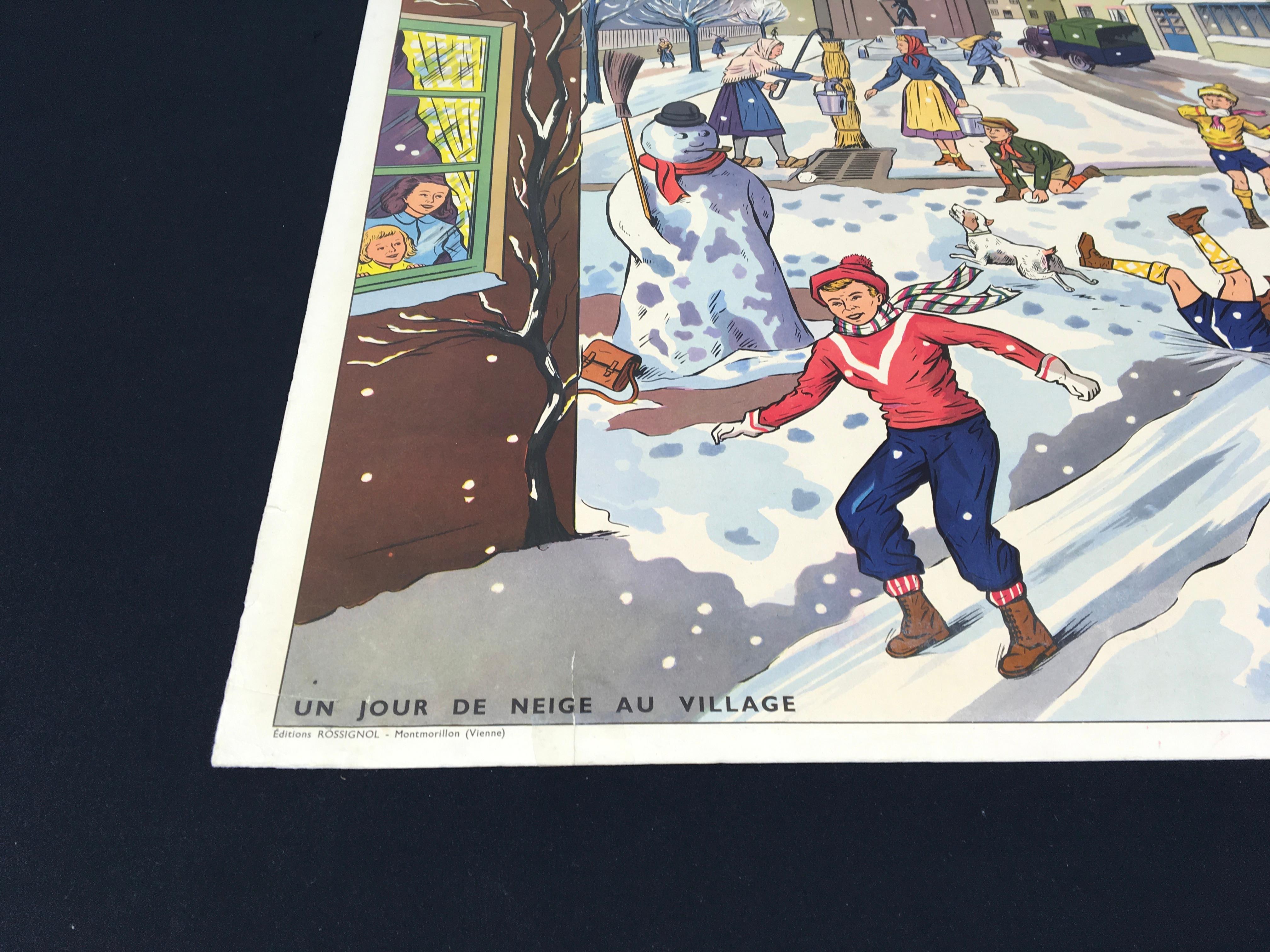 Vintage-Schuleplakat „Spielen im Schnee“ von Rossignol, Frankreich im Angebot 3