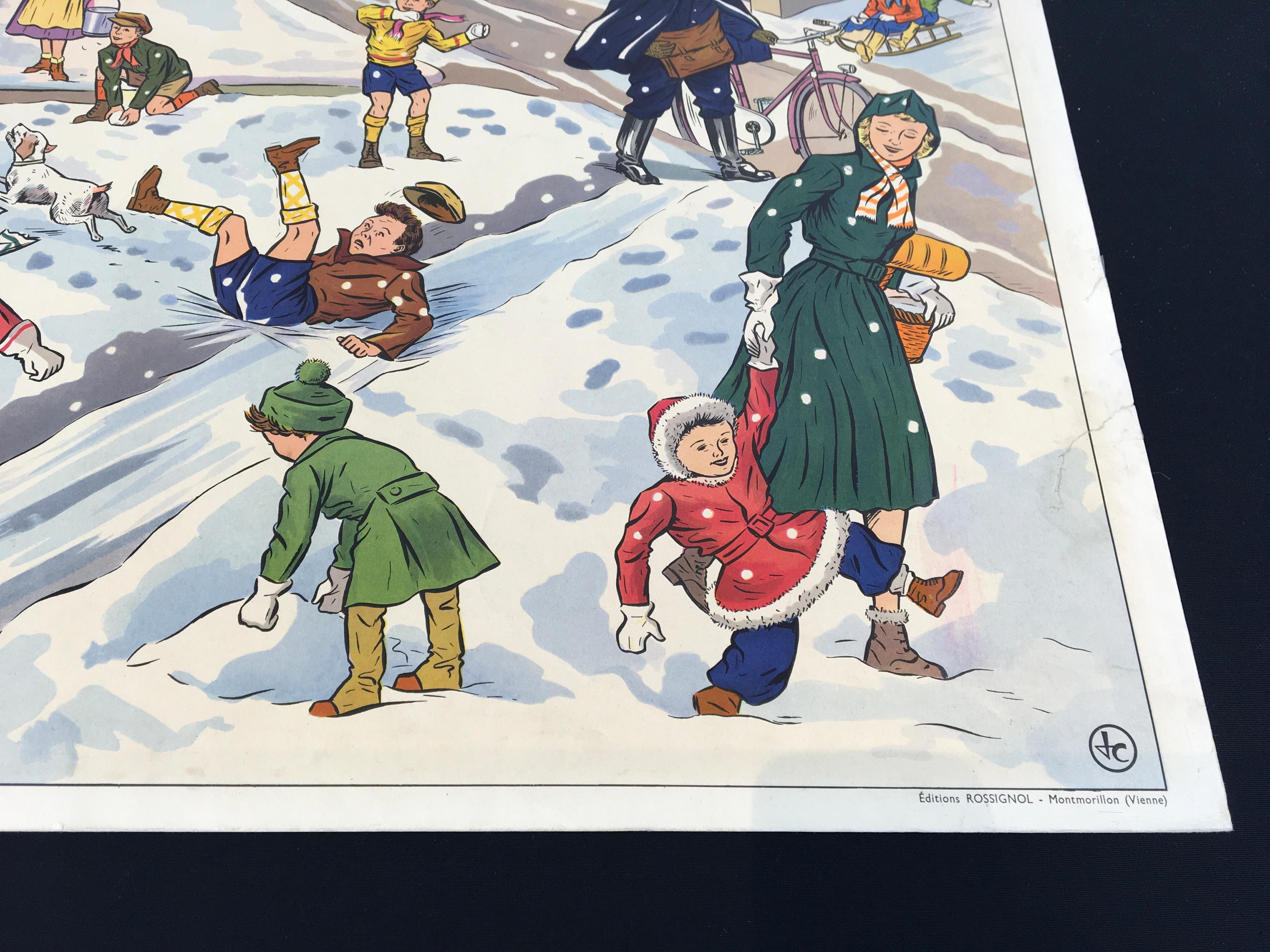 Vintage-Schuleplakat „Spielen im Schnee“ von Rossignol, Frankreich im Angebot 4
