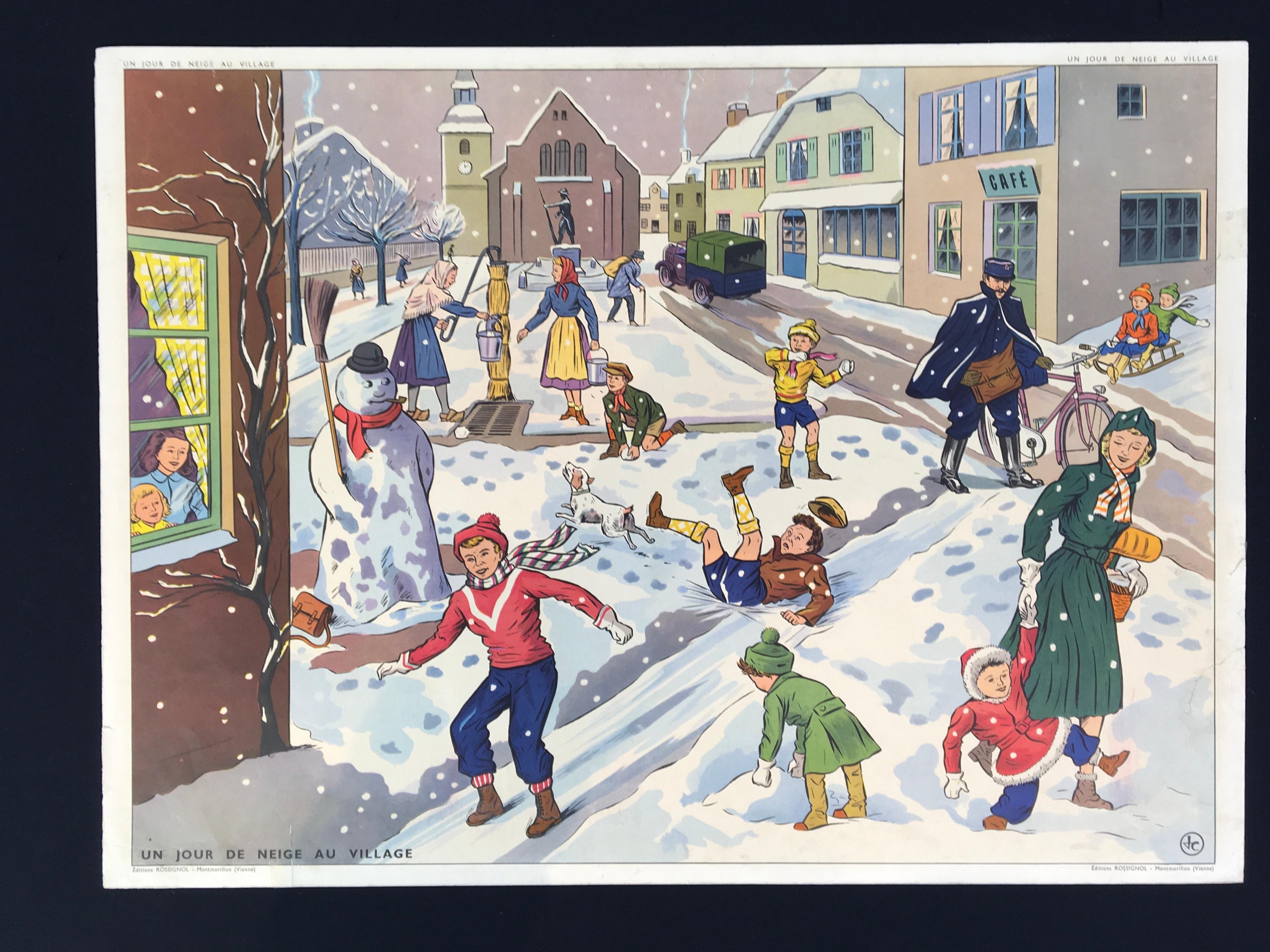 Vintage-Schuleplakat „Spielen im Schnee“ von Rossignol, Frankreich im Angebot 13