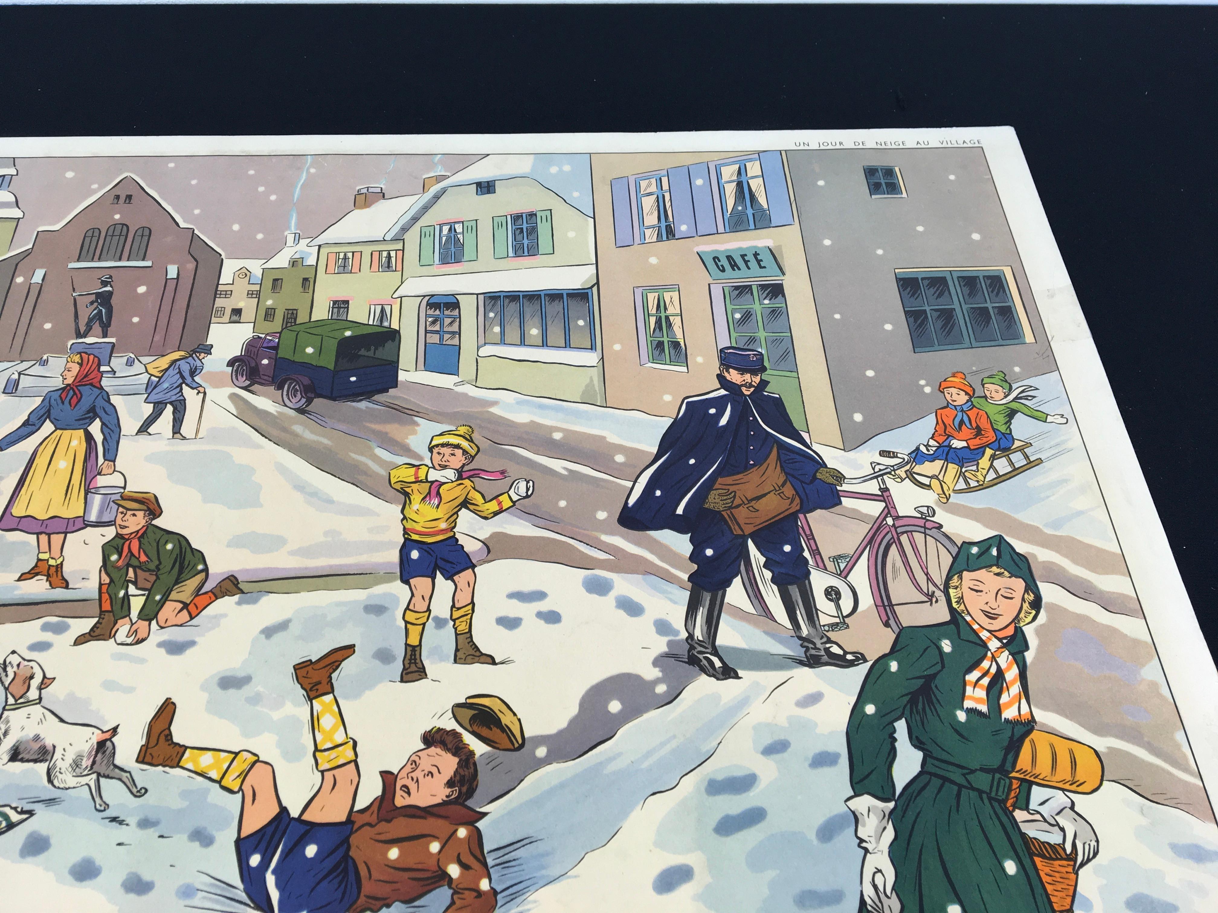 Vintage School Poster Playing in the Snow by Rossignol, France For Sale 2