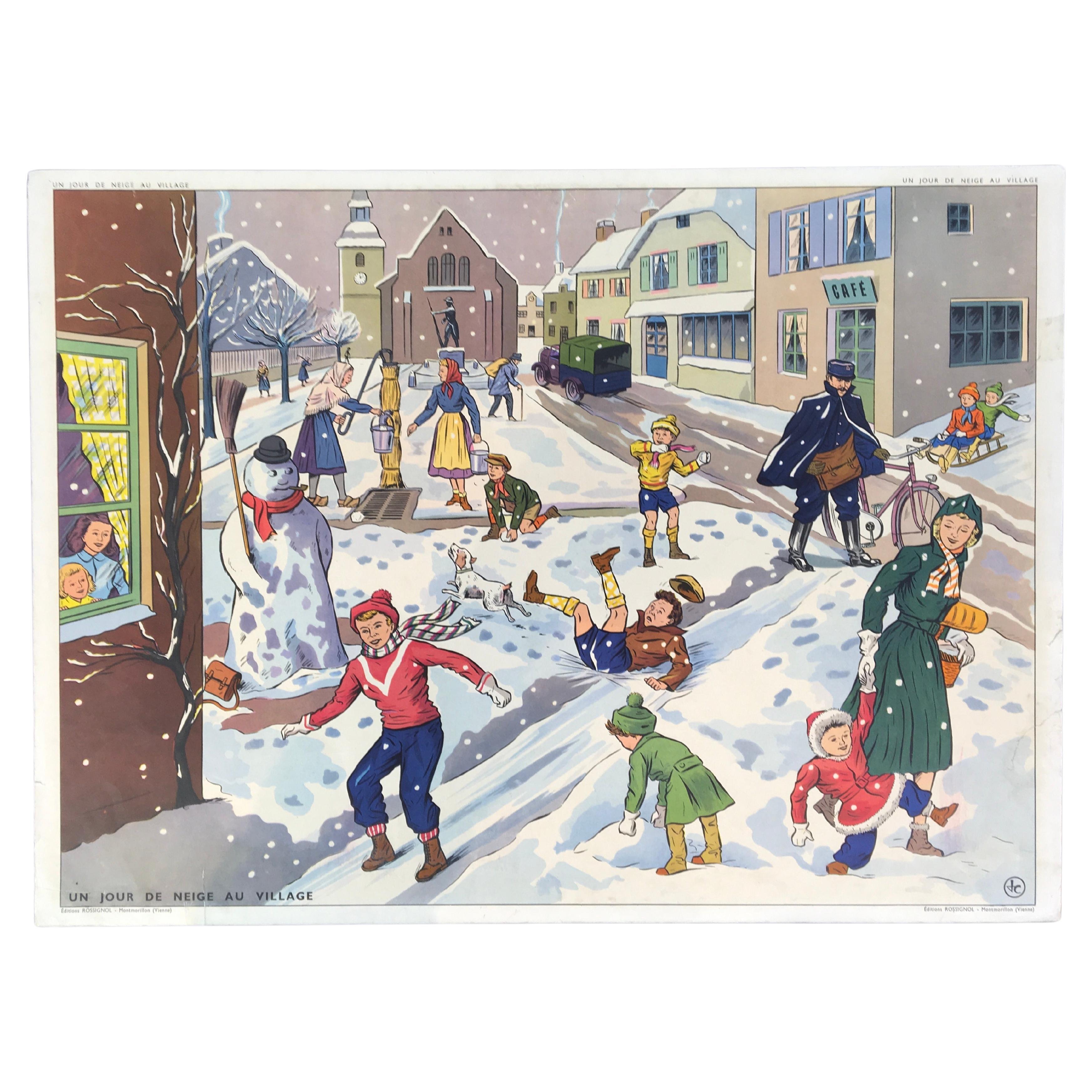 Vintage School Poster Playing in the Snow by Rossignol, France For Sale