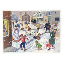 Vintage-Schuleplakat „Spielen im Schnee“ von Rossignol, Frankreich