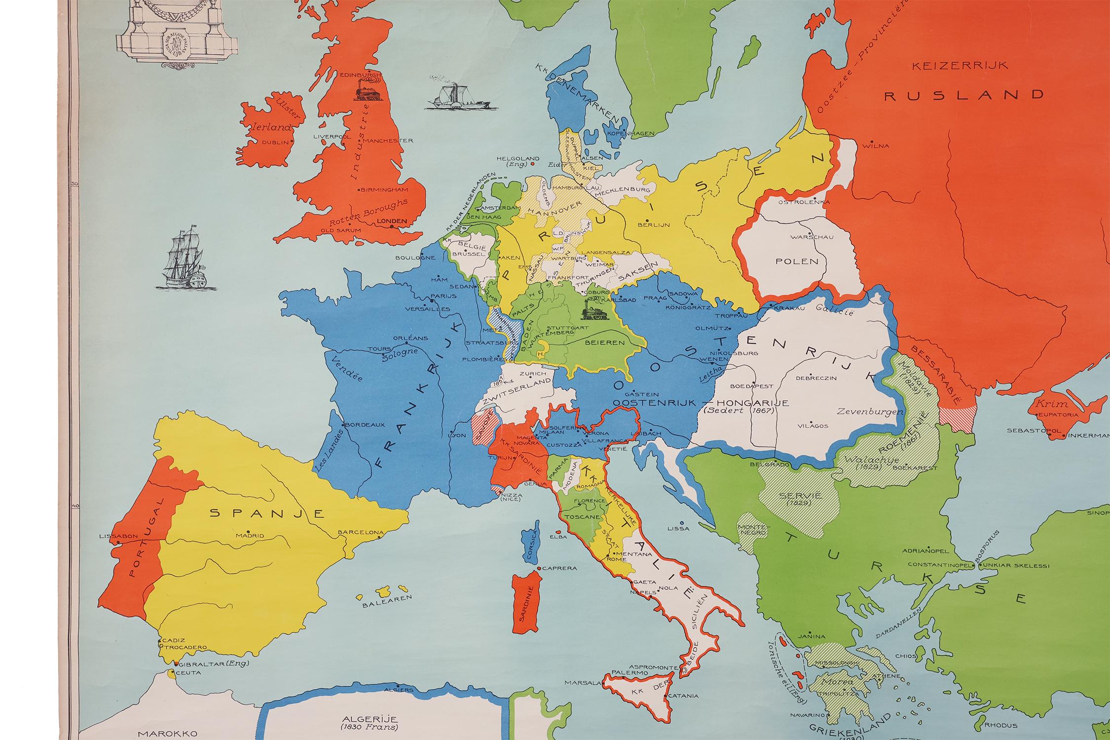Vintage-Schule-Wandkarte Europas 1815-1871, Belgien 1950er Jahre (Moderne der Mitte des Jahrhunderts) im Angebot