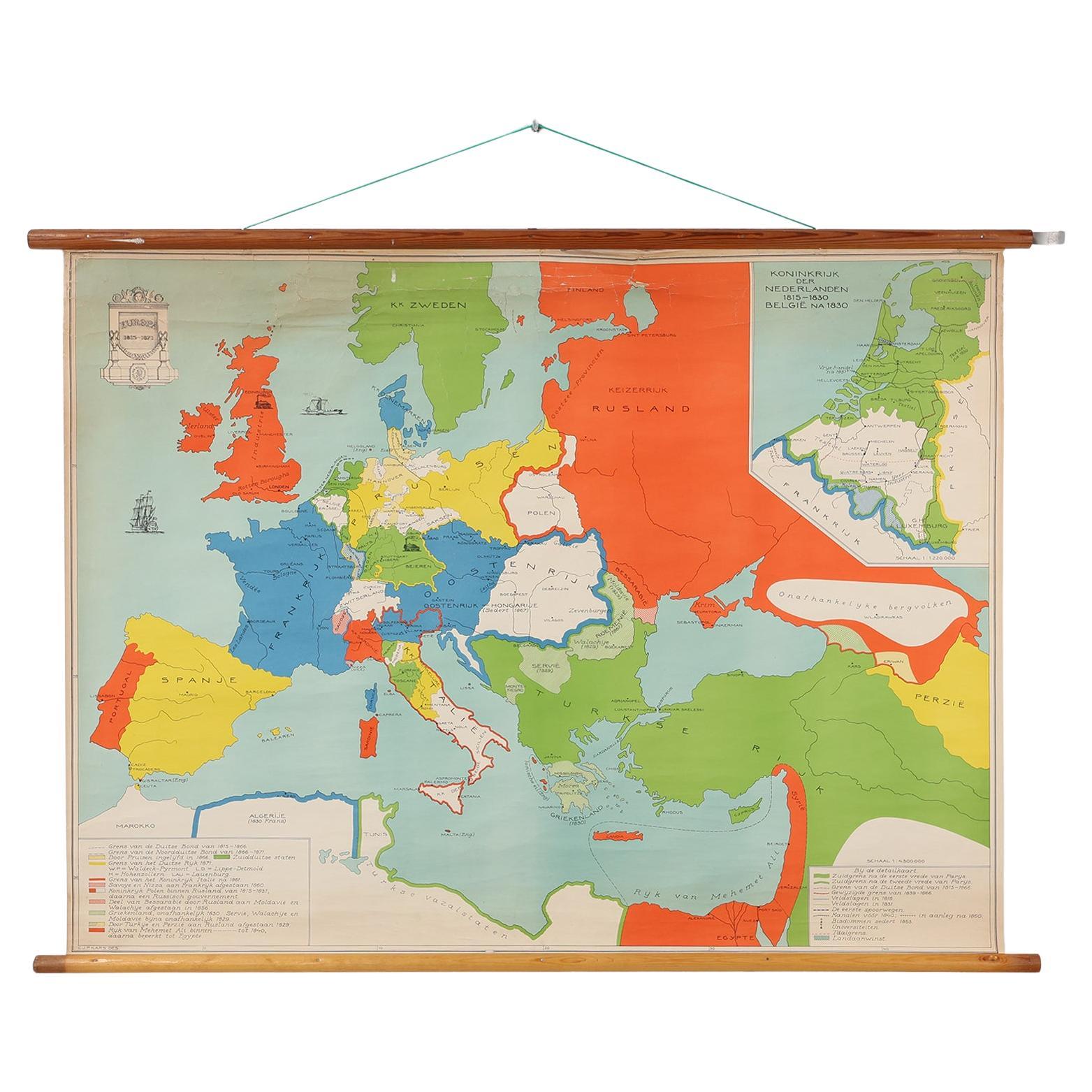 Vintage school wall map of Europe 1815-1871, Belgium 1950s