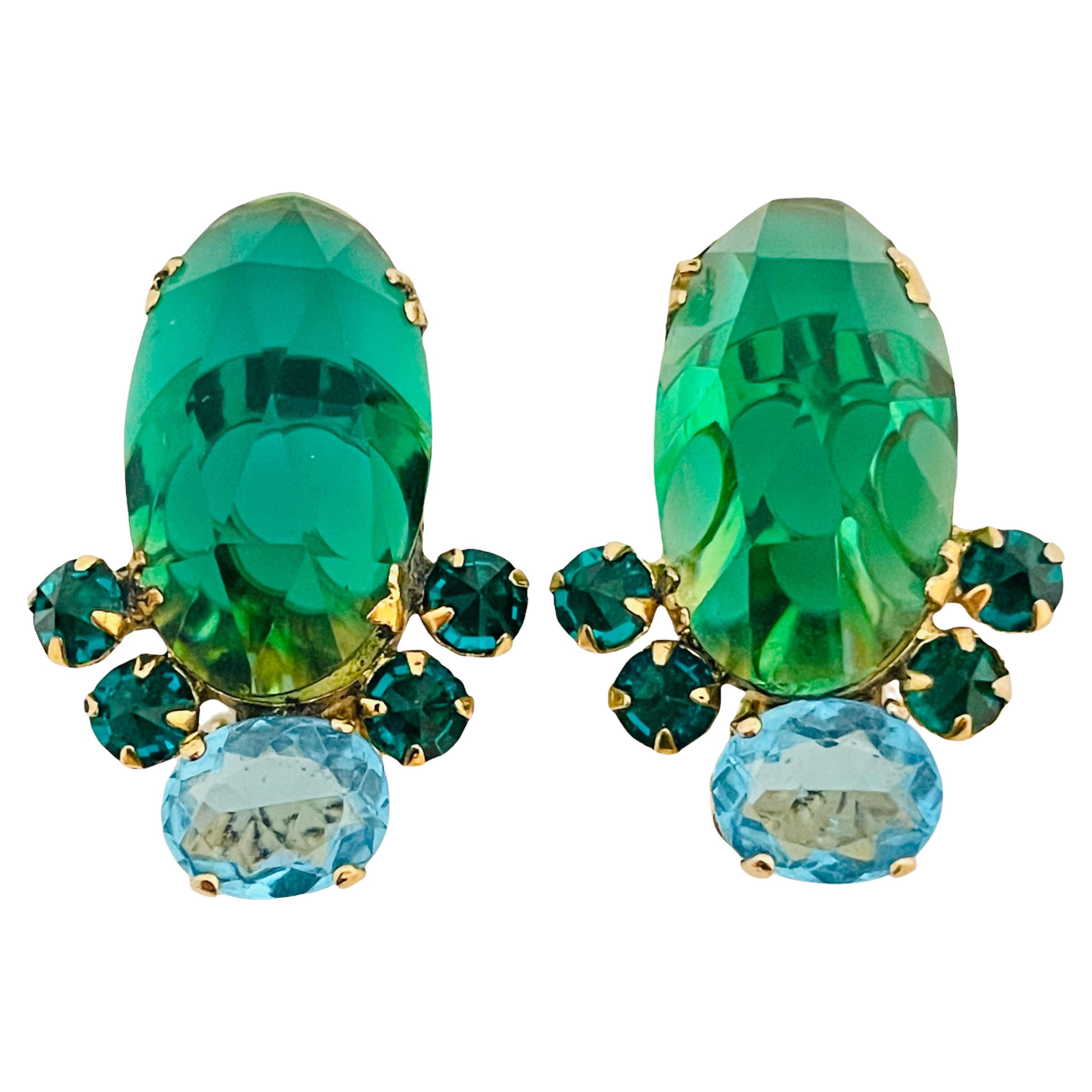 Vintage SCHREINER gold emerald topaz glass designer runway clip on earrings