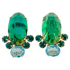Vintage SCHREINER gold emerald topaz glass designer runway clip on earrings