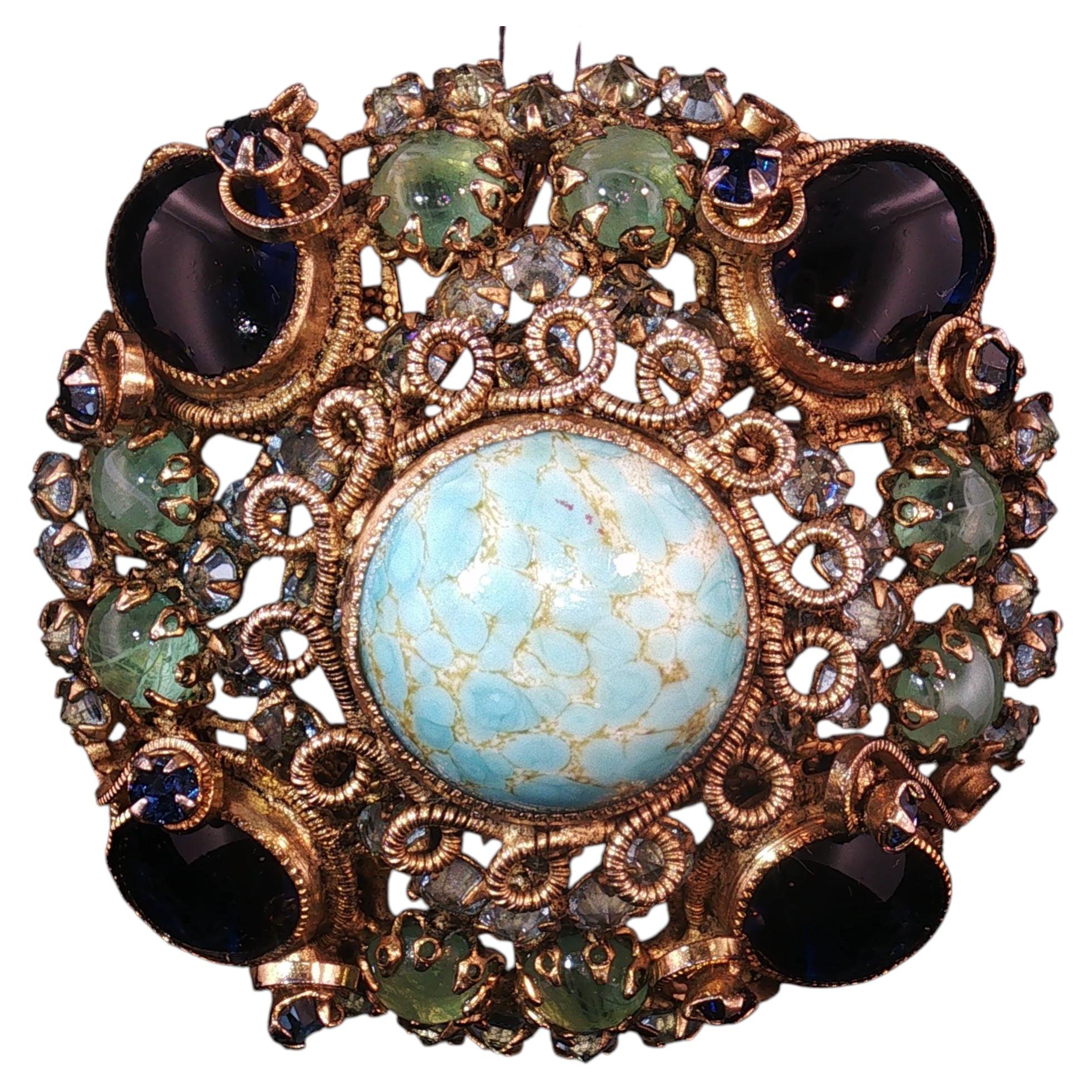 Vintage Schreiner New York Brooch Pendant Turquoise Blue Green Stone Pin RARE
