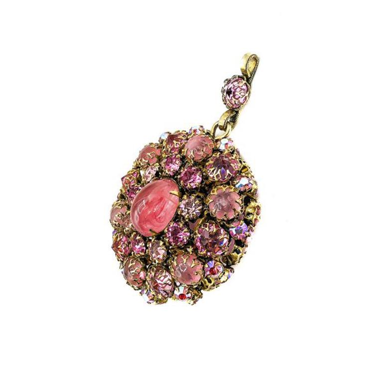 Vintage Schreiner Ny Reversible Pink Crystal Domed Pendant 1940S In Good Condition In Wilmslow, GB