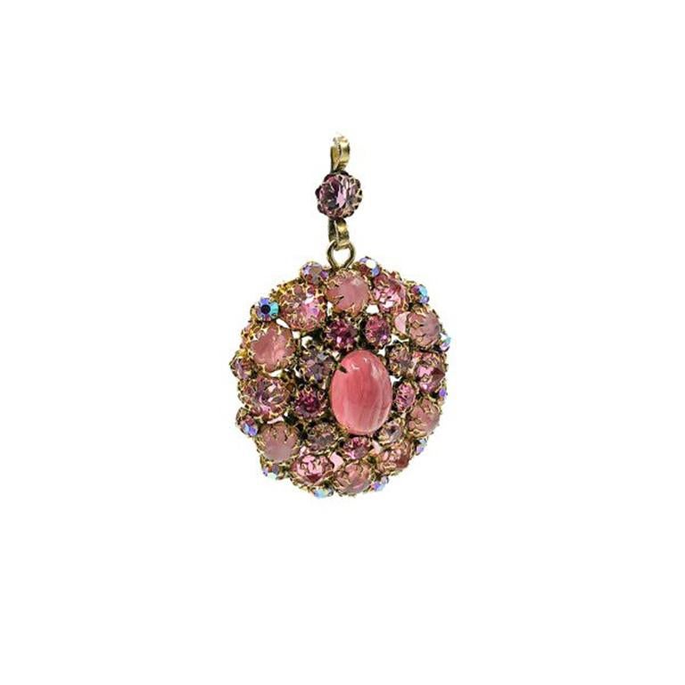 Women's Vintage Schreiner Ny Reversible Pink Crystal Domed Pendant 1940S