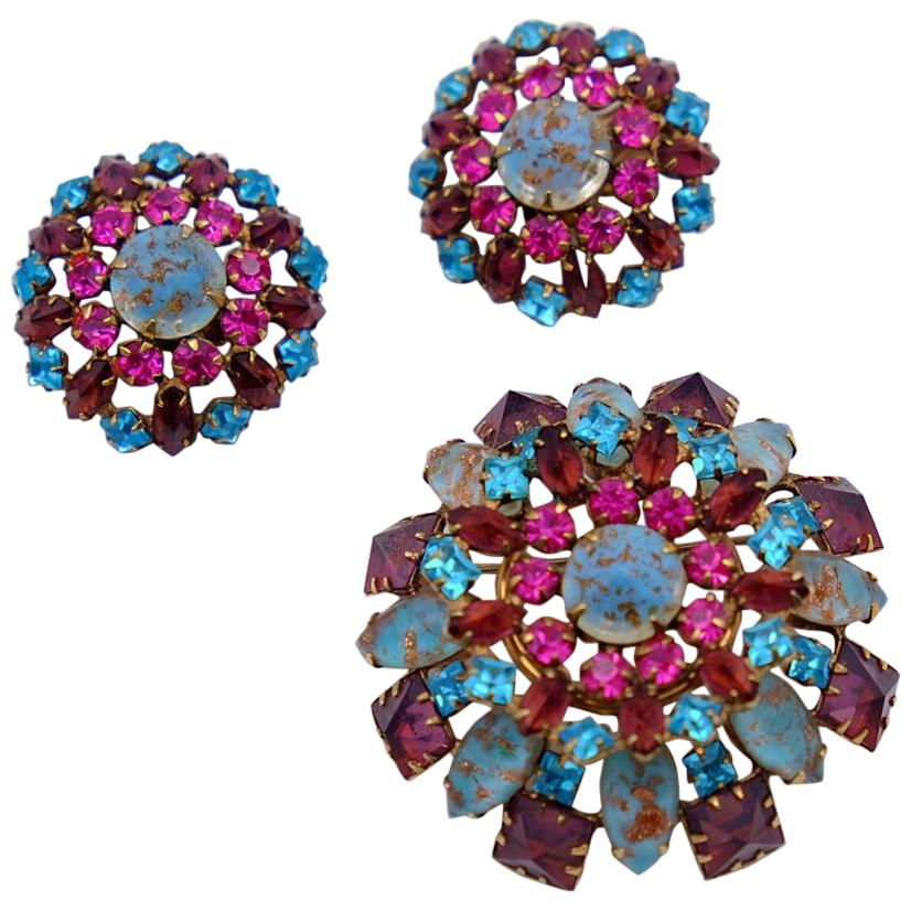 Vintage Schreiner Pink and Blue Brooch and Earrings 1960's