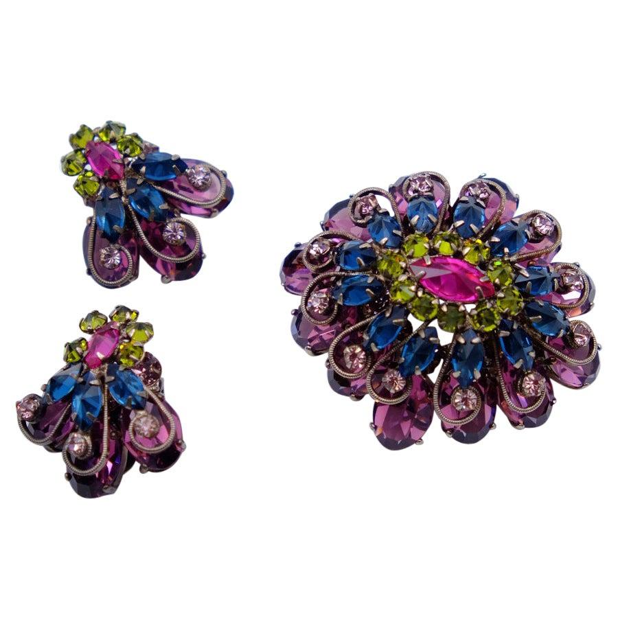 Vintage Schreiner Purple and Green Brooch and Earrings 1960's