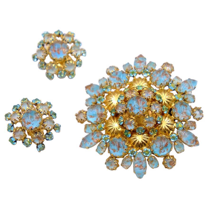 Vintage Schreiner Soft Blue Gold Brooch and Earrings 1960's