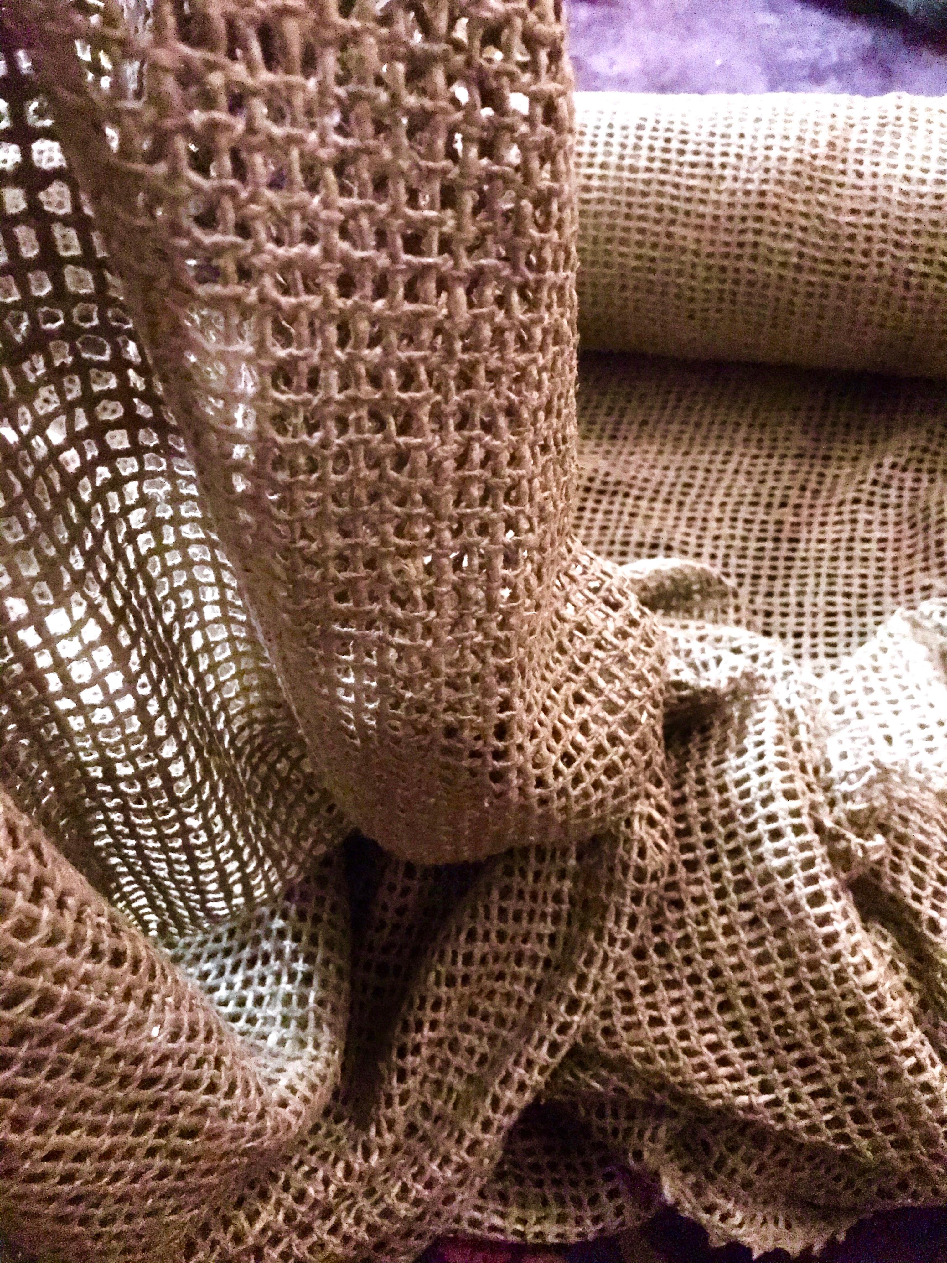 Vintage Schumacher Italian Raw Silk Natural Netting Lace Textile Fabric Deep Tan 1