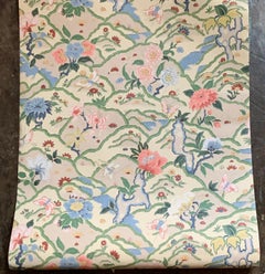 Carta da parati vintage Schumacher Mendhar Coral Blue stampata a mano con motivi floreali anglo-indiani