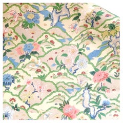 Vintage Schumacher Mendhar Coral Blue Hand-Print Anglo-Indian Floral Wallpaper