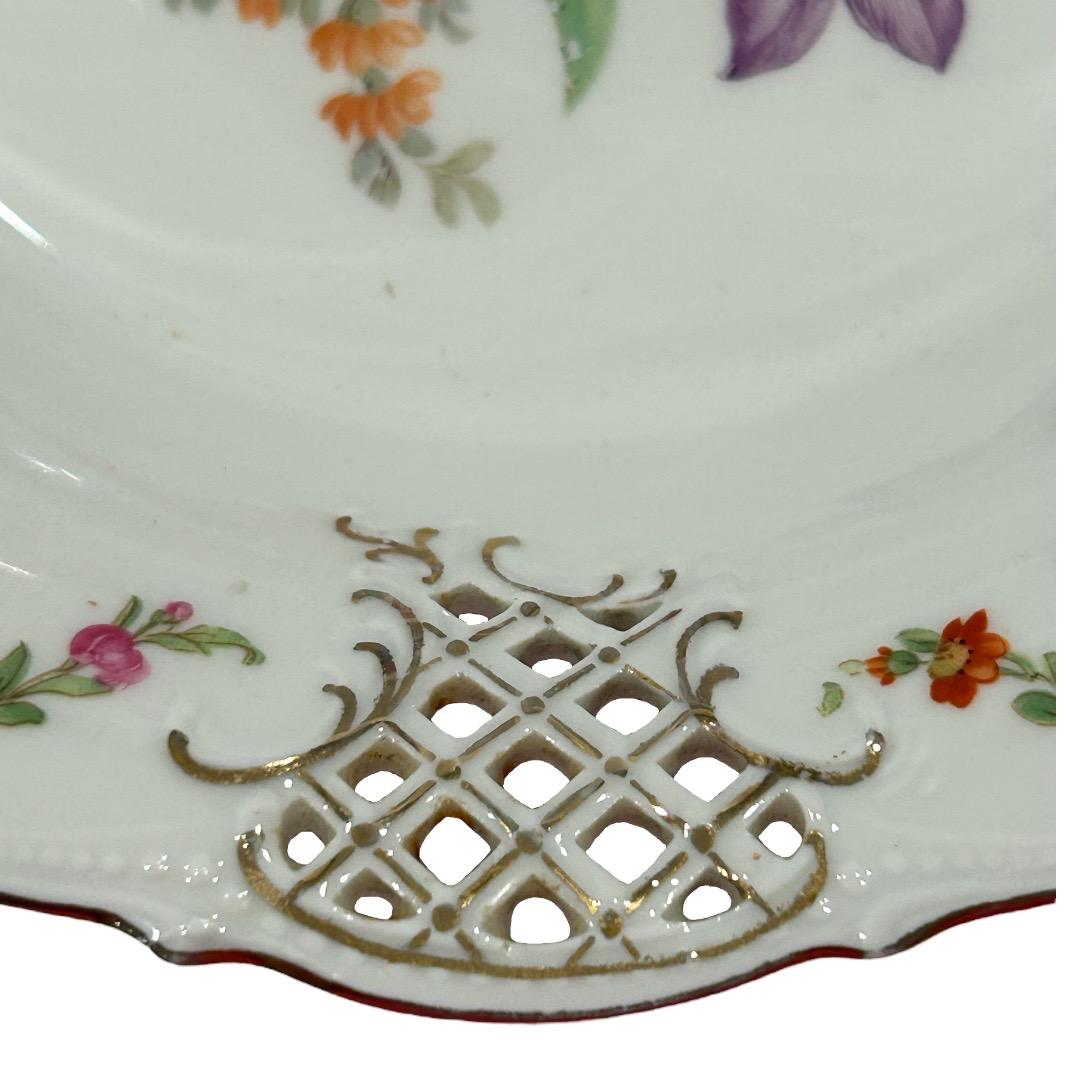 German Vintage Schumann Dresden Porcelain Floral Reticulated Pierced Scallop Bowl For Sale