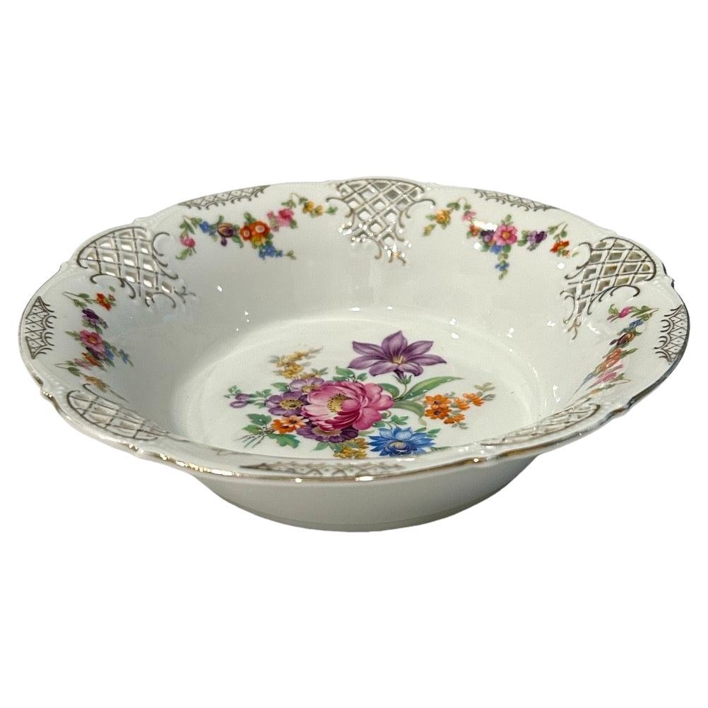 Vintage Schumann Dresden Porcelain Floral Reticulated Pierced Scallop Bowl For Sale