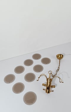 Vintage SCIOLARI Chandelier in Brass and Smoked Bevelled Glass Discs, Italy 70s