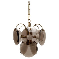 Vintage SCIOLARI Chandelier in Brass and Smoked Bevelled Glass Discs, Italy 70s