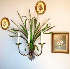 Vintage Sconce Reeds Large Green Sconce Reeds Vintage Lighting, Belgium