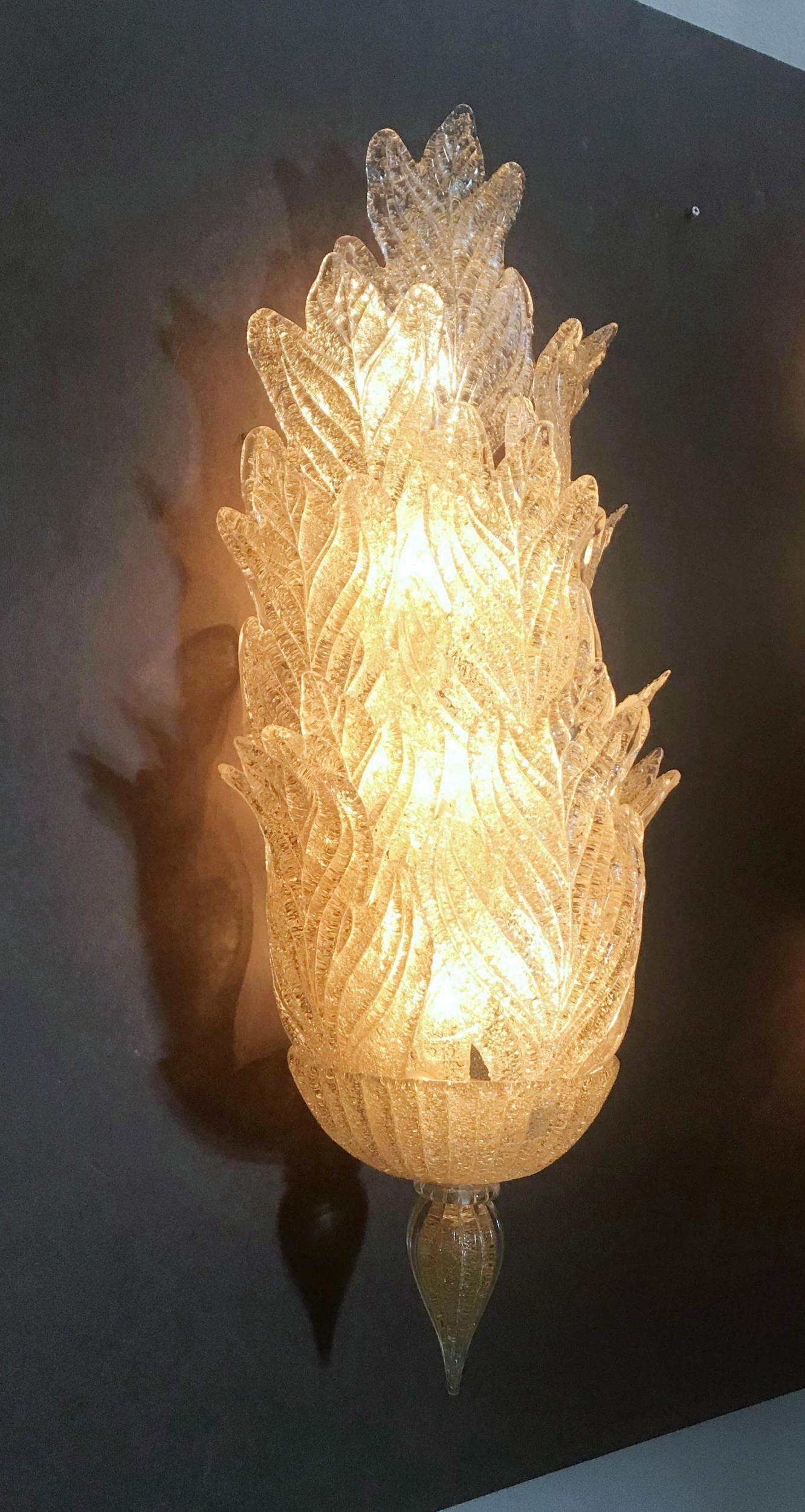Italian Vintage Sconce w/ Layered Murano Amber Graniglia Glass Leaves by Barovier e Toso For Sale