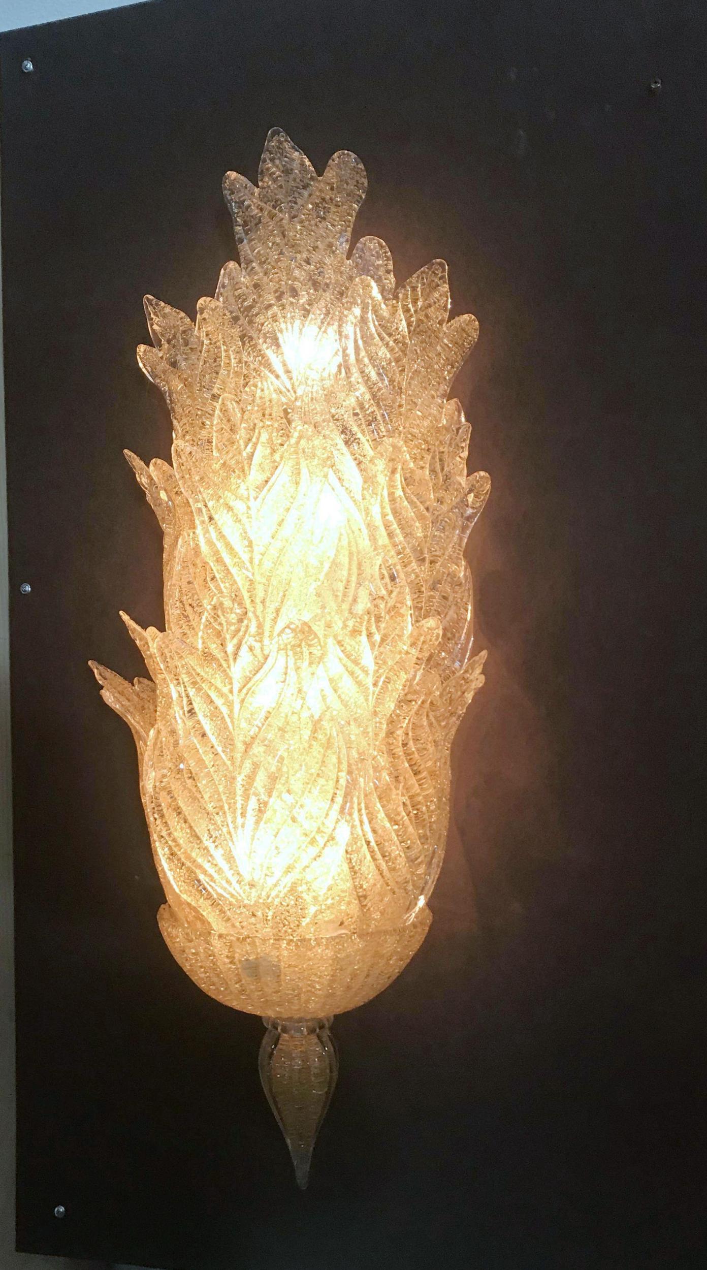 Vintage Sconce w/ Layered Murano Amber Graniglia Glass Leaves by Barovier e Toso For Sale 3