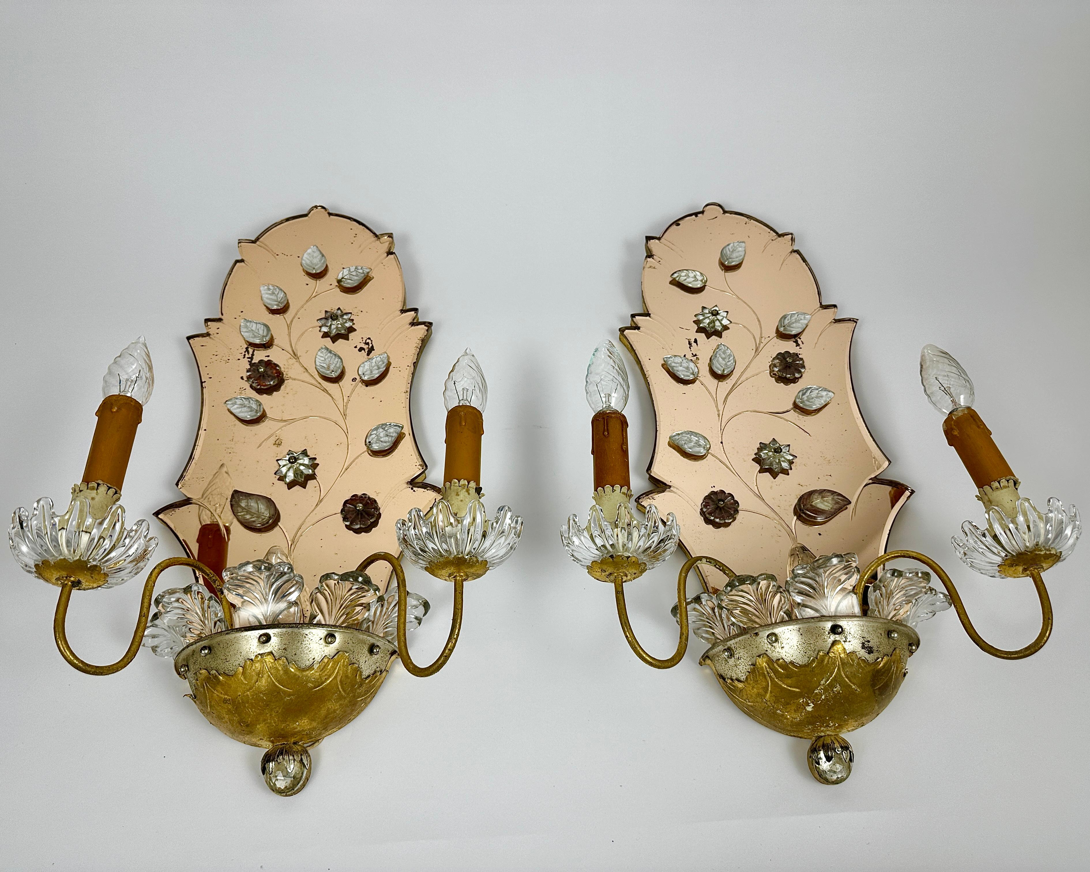 Vintage Sconces Mirrored Wall Lamps Set 2 Crystal & Gilt Metal Italy, 50s For Sale 3